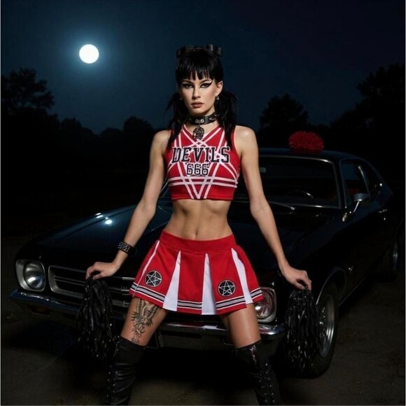 Satans Cheerleader Costume Set Red Devils 666 Top w/ Pleated Skirt & Pom Poms - Picture 10 of 10